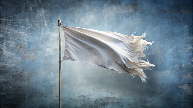 A worn and tattered white flag waves in defeat, symbolizing surrender, against a subtle background of faded blues and grays, conveying a sense of resignation.
