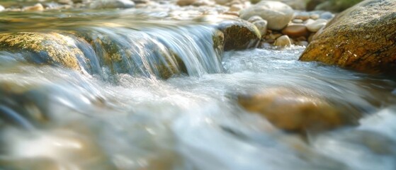 Close-up of a Creek with Smooth Stones and Flowing Water