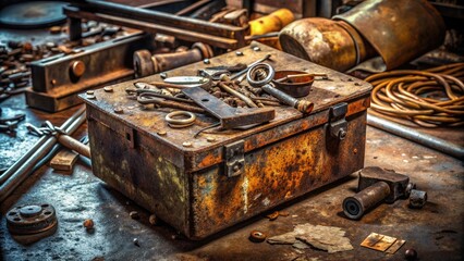 A worn, rusty metal box with a slightly ajar lid and corroded lock, surrounded by scattered tools and machinery parts on a grimy workshop floor.
