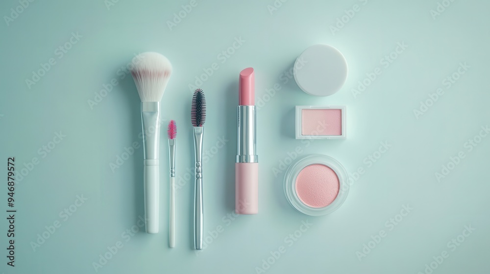 Poster cosmetic products including a lipstick, brushes, and powder are neatly arranged on a soft light back