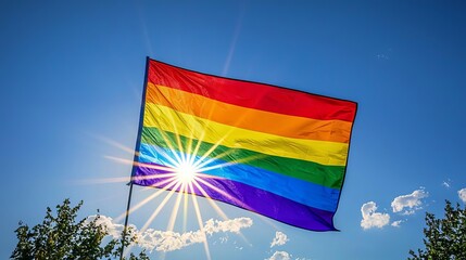 Intersex LGBT rights LGBT Pride Flag in the Sky A large, radiant rainbow flag floating in a clear blue sky, with rays of sunlight streaming through, representing pride and hope