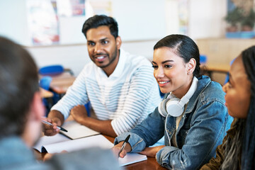 Class, university and group project of students with collaboration, teamwork and discussion. College, notebook and happy people with studying and learning for exam and education with school notes