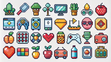 Colorful 8-bit pixel art icons featuring various objects, symbols, and elements in a retro digital aesthetic, perfect for gaming, tech, or creative projects.