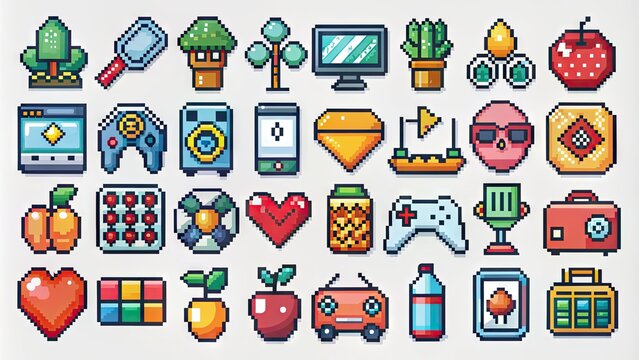 Colorful 8-bit pixel art icons featuring various objects, symbols, and elements in a retro digital aesthetic, perfect for gaming, tech, or creative projects.