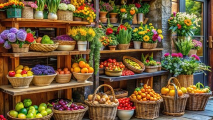 Fototapeta premium Colorful arrangement of fresh flowers, fruits, and gourmet foods artfully displayed on rustic wooden shelves and woven baskets in a charming boutique store window.