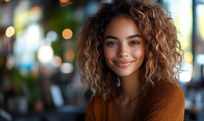 Fototapeta premium Inclusive image of happy blasian woman working on computer in creative agency office workplace. Young successful mixed race female businesswoman talking on client video call team meeting