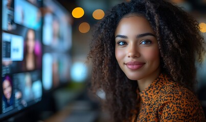  Inclusive image of happy blasian woman working on computer in creative agency office workplace. Young successful mixed race female businesswoman talking on client video call team meeting