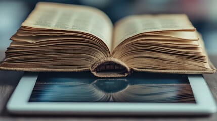 Naklejka premium Old Book on Tablet - Tradition vs Technology
