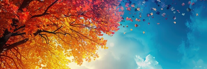 Vibrant rainbow-colored leaves on a tree branch, creating a vivid and artistic composition.