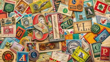 Colorful mixed-media collage featuring a variety of vintage and modern letters, envelopes, and stamps, arranged intricately to evoke a sense of creativity and nostalgia.