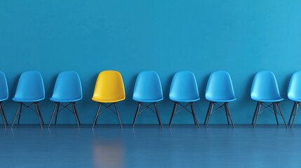 Yellow Chair Among Blue Chairs