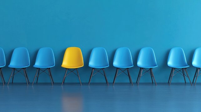 Yellow Chair Among Blue Chairs