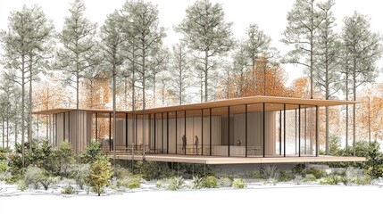 Obraz premium Modern Glass Pavilion in a Pine Forest