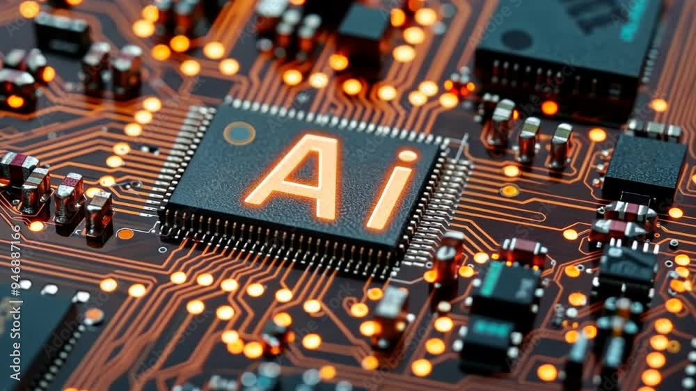 Poster A computer chip with the letters AI on it. The chip is orange and black. Concept of technology and innovation
