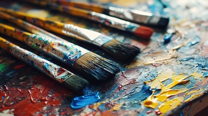 Fototapeta premium A close-up of paint tubes and brushes scattered on a messy worktable, with splatters of paint adding a creative touch to the scene