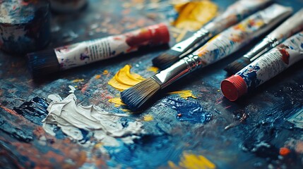 Obraz premium A close-up of paint tubes and brushes scattered on a messy worktable, with splatters of paint adding a creative touch to the scene