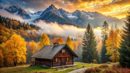 Cozy autumnal cabin nestled among golden leaves and rustic trees, surrounded by a serene forest landscape with a misty mountain range in the distance.