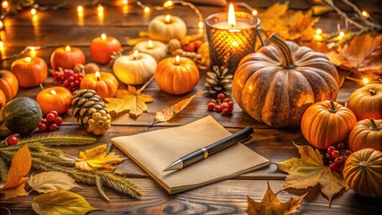 Cozy autumnal table setting with pen, paper, and seasonal decorations, surrounded by pumpkins, leaves, and warm lighting, evoking feelings of harvest prep and creative planning.