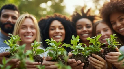Smiling Diverse Group Holding Saplings