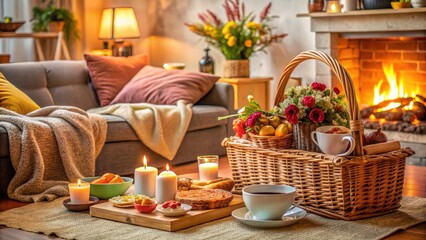 Obraz premium Cozy living room setup with a blanket, wicker basket, and a delicious spread of food, drinks, and flowers, evoking a warm and intimate atmosphere.