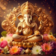 Fototapeta premium Lord Ganesha seated gracefully among lotus flowers in a serene, glowing landscape during celebration