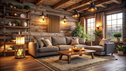 Cozy living room with plush couch, warm lighting, and rustic wooden accents, evoking a sense of comfort, security, and peaceful retreat.