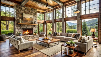Cozy modern living room with rustic wooden accents, natural light pouring through large windows, and comfortable furniture arranged around a warm stone-clad fireplace.