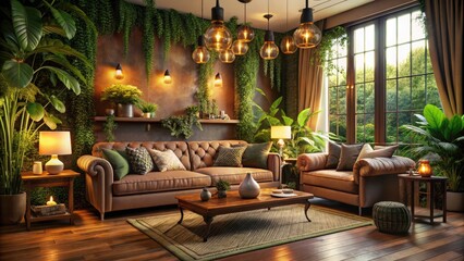 Cozy living room with warm lighting, plush couch, and vintage decorations, surrounded by lush greenery, evoking a sense of comfort and serenity.