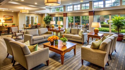 Cozy modern senior living facility with comfortable furnishings, warm lighting, and picturesque garden views, exuding feelings of serenity and compassionate care.