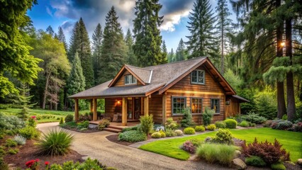 Cozy single-story home with rustic wooden exterior and lush greenery surrounded by tall trees in a serene rural setting in Oregon's scenic countryside.