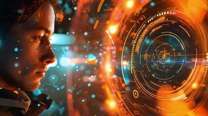 Young man concentrating on a futuristic circular interface displaying complex financial data, suggesting data analysis and technology in finance - Powered by Adobe