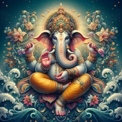 Fototapeta premium Lord Ganesha seated gracefully among lotus flowers in a serene, glowing landscape during celebration