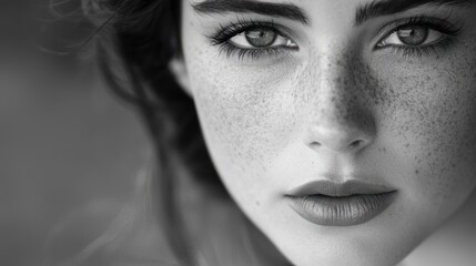 Obraz premium Close-up Portrait of a Woman with Freckles and Long Hair