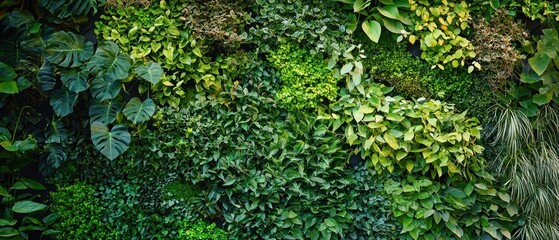 Lush Green Foliage Wall with Various Leaf Shapes and Textures