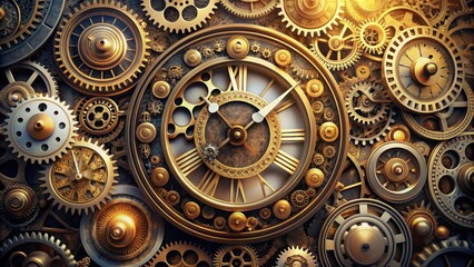Obraz premium Delicate clock face with intricately designed gears and cogs, surrounded by icons of time-related symbols such as hourglasses, calendars, and stopwatch hands.