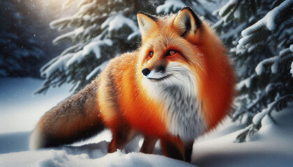 Fototapeta premium Red Fox in Snow 3d rendering. Generative AI.