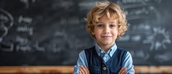 Smiling young schoolboy with curly hair in a classroom, standing in front of a chalkboard. Free copy space for text.