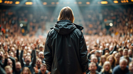 Amidst the frenzy of a roaring crowd, a rock star stands like an oasis on stage. Band frontman standing on stage facing the fans