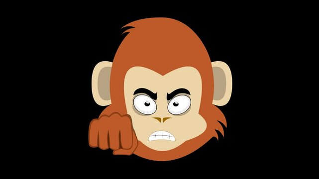 video animation emoticon face monkey or chimpanzee character cartoon, with an angry expression and fist bump hand, on a transparent background with alpha channel set to zero