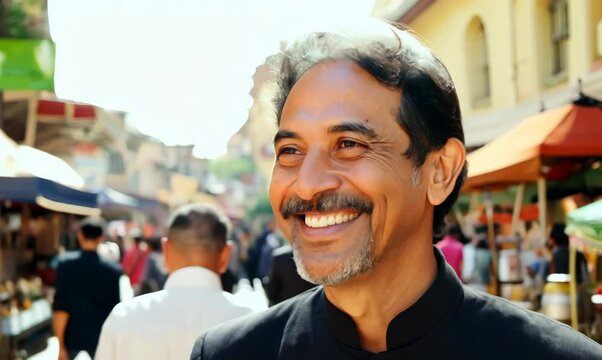 Algerian Man Smiling at Stranger in Bustling Market Street