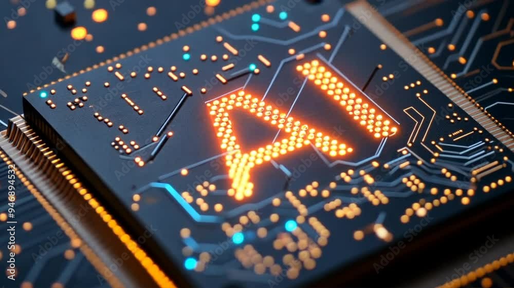 Poster A computer chip with the letters AI on it. The chip is lit up and glowing. Concept of technology and innovation
