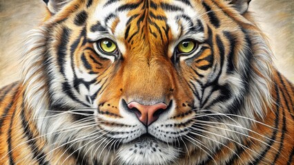 Fototapeta premium Delicately rendered realistic pencil sketch of a majestic tiger's face, showcasing intricate whiskers, piercing eyes, and subtle textures, conveying raw power and gentle elegance.