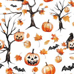 Seamless Halloween pattern featuring grinning jack-o'-lanterns, eerie skulls, flying bats, and black birds interspersed with autumn leaves and branches on a white background.Perfect for seasonal decor