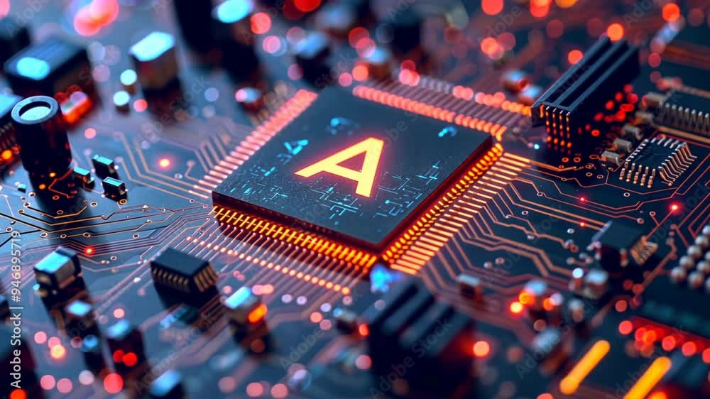 Poster A computer chip with the letters A and B on it. The chip is orange and has a lot of detail