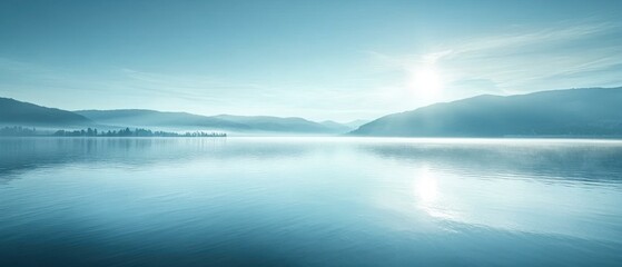 Fototapeta premium Serene Mountain Lake with Fog and Sunlight Reflecting on the Water