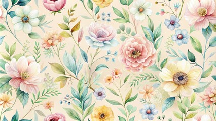 Delicate watercolor floral motifs in soft pastel hues dance across a creamy background, evoking a whimsical and romantic atmosphere perfect for spring and summer designs.