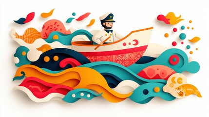 Paper Cut Sailor in a Boat on the Ocean Waves