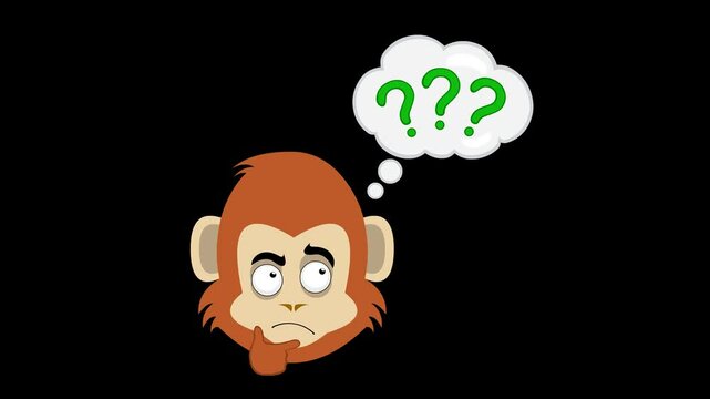 video animation emoticon monkey or chimpanzee character cartoon, with hand on chin, a doubtful or thinking expression and a thought cloud with question marks sign, On a transparent background
