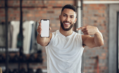 Phone screen, smile and portrait of man in gym for exercise app, membership and software download. Person, point and tech with mockup space for fitness program, training and online registration info