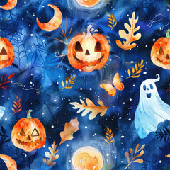 Seamless Halloween pattern featuring carved pumpkins, skulls, bats, and autumn foliage. The spooky elements create a festive and eerie atmosphere, perfect for seasonal decorations, invitations.